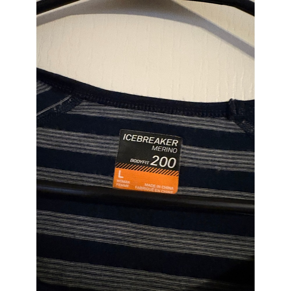 Icebreaker Bodyfit 200 Merino Wool Long Sleeve Base Layer Striped Navy Blue L - Picture 3 of 5